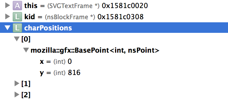 The Xcode Variables area showing the elements of an nsTArray.