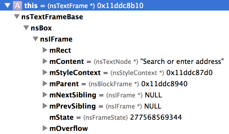 The Xcode Variables area showing a nsTextNode object with its type summary, the string value of the node.